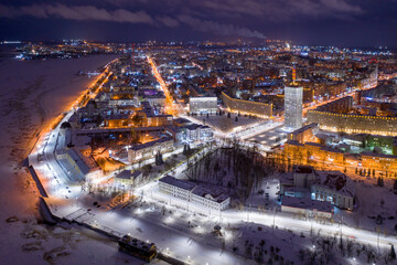 Aerial view of Arkhangelsk and Dvina Embankment. Arkhangelsk Oblast, Russia.