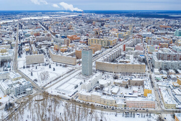 Fototapeta premium Drone view of Arkhangelsk on cold winter day, Russia.