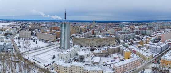 Fototapeta na wymiar Panoramic aerial view of Arkhangelsk on cold winter day. Russia.