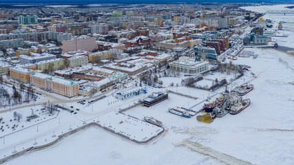 Aerial view of Arkhangelsk and Dvina embankment on cold winter day, Russia.