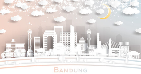 Bandung Indonesia City Skyline in Paper Cut Style with White Buildings, Moon and Neon Garland.