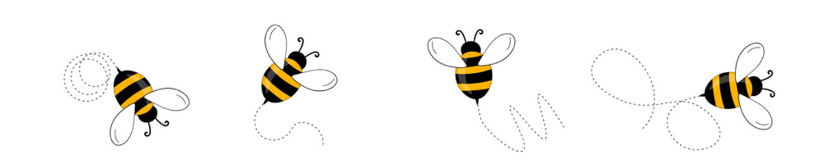 Set of cartoon bee mascot. A small bees flying on a dotted route. Wasp collection. Vector characters. Incest icon. Template design for invitation, cards. Doodle style