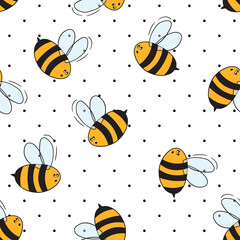 Seamless pattern with bees on white polka dots background. Small wasp. Vector illustration. Adorable cartoon character. Template design for invitation, cards, textile, fabric. Doodle style