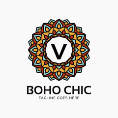 letter V boho chic round decoration vintage color mandala vector logo design element