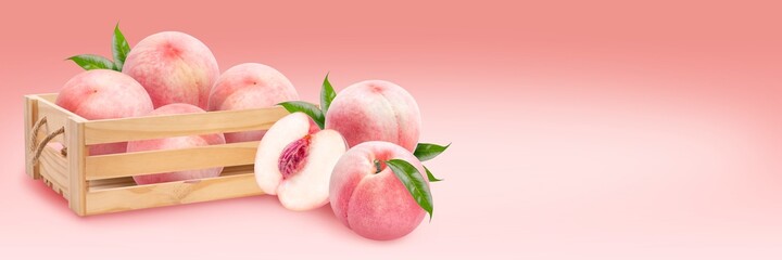 Fresh White Peach fruit with leaf isolated on Peach colour background With clipping path, Peach fruit banner.