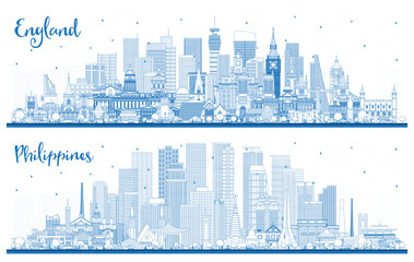 Outline England and Philippines City Skyline Set.
