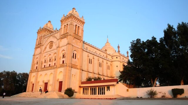 Saint Louis Cathedral - Acropolium Of Carthage In Tunisia. Pan Right