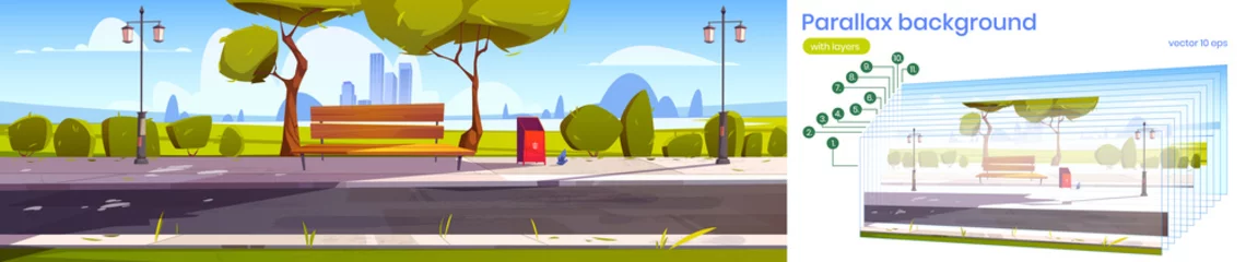 Gardinen Stadtpark mit Holzbank, Laternen, grünen Bäumen und Gras. Vektorparallaxenhintergrund für 2D-Animation mit Karikatursommerlandschaft des leeren öffentlichen Gartens mit Stadtgebäuden am Horizont © klyaksun