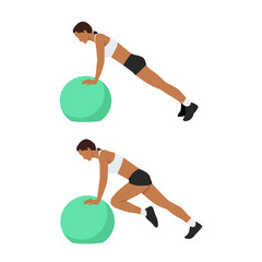 Woman doing Mountain climber with hands on Swiss ball. Abs exercise. Flat vector illustration isolated on white background 