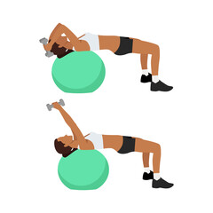 Woman doing Swiss ball lying triceps extensions. Triceps exercise. Flat vector illustration isolated on white background 