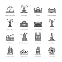 World Landmarks Outline Icons - Stroked, Vectors - obrazy, fototapety, plakaty