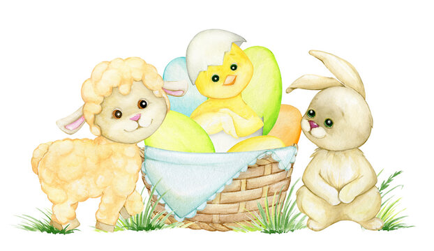 Bunny, chicken, lamb, wicker, basket, Easter eggs. Watercolor, illustration, cartoon style, on an isolated background.