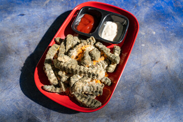 moldy french fries closeup, fungal moldy on unhealthy old food on plate, bad food