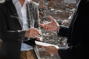 Person's engineer Hand Drawing Plan On Blue Print with architect equipment, Architects discussing at the table, team work and work flow construction concept.