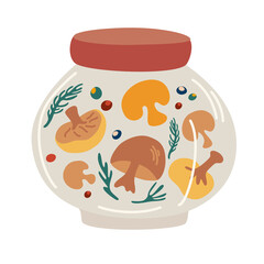 Jar of pickled mushrooms. Fermented veggies. Marinated vegetables in can, homemade production full of probiotics. Organic product. Crunch mushrooms with salt. Hand draw vector illustration.