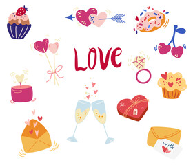 Valentine's Day elements collection. Template for cards and banner design. Big set of romantic items, Hearts, sweets, champagne, cupcakes, gifts, ice cream and other. Hand draw vector illustration.