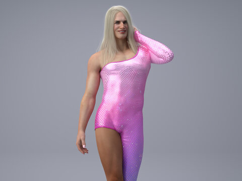 3D Render : Portrait of a transgender woman with shiny sparkling pink colour costume. A self confident transgender woman with lively body posture in the grey studio background