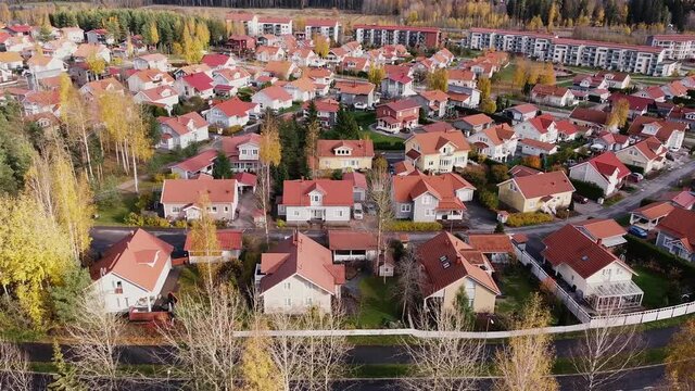 Finnish houses building aerial video on a spring day Kerava Finland