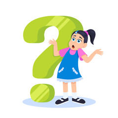 Little doubt girl kid asking question flat style design vector illustration isolated on white background. Cute girl thinking about something and question mark flies above her asking concept.