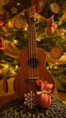 Fototapeta na wymiar ukulele with christmas tree and background lights