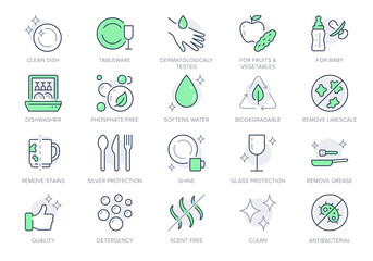 Dish wash line icons. Vector illustration include icon - disinfect, biodegradable detergent, skin gentle, dishwasher soap outline pictogram for tableware cleaning. Green Color, Editable Stroke