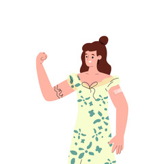Woman show her strong arm with patch on her shoulder after vaccine shot. Young person get vaccinated vector poster.