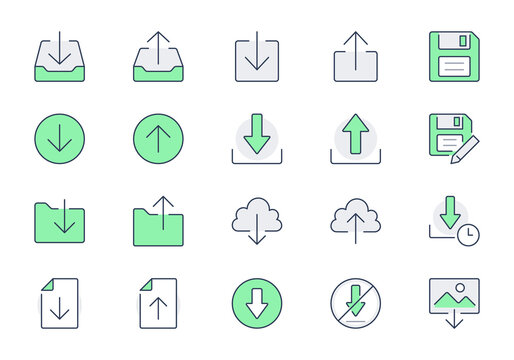 Download line icons. Vector illustration include icon - upload, cloud storage, folder, arrow, document, diskette, floppy disk outline pictogram for web button. Green Color, Editable Stroke