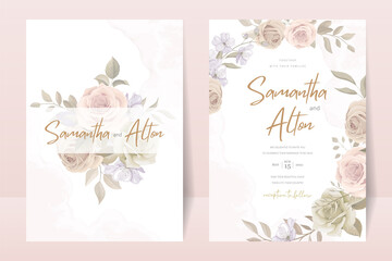 Wedding invitation template set with floral and leaves decoration
