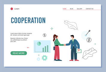 Business people shake hands, cooperation and partnership landing page template, vector illustration on white.