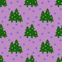Seamless pattern. Image of green Christmas trees with balls and snowflakes on pastel purple purple backgrounds. Symbol of New Year and Christmas. Template for applying to surface.3D image.3d rendering