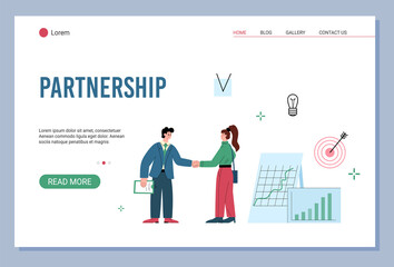 Fototapeta na wymiar Business partnership, partners shake hands at meeting in company in flat vector
