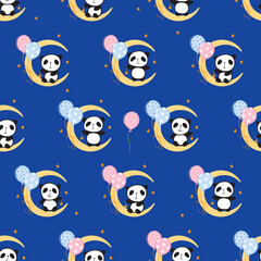 Seamless pattern with cute pandas on the moon with balloons for gift wrap, kids textile or book covers, wallpapers and scrapbook. Dark blue background. Vector.