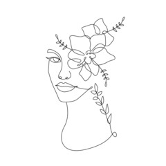 Female Floral Head Line Art Drawing. Flower Head Woman Line Drawing for Wall Art, Print, Poster, Social Media. Flower Woman Minimalist Art. Vector EPS 10