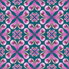 Fototapeta na wymiar Seamless pattern for continuous replicate. Floral background, photo collage for production of textile, cotton fabric. For use in wallpaper, covers. Mandala drawing in oriental style. Yin-Yang symbol