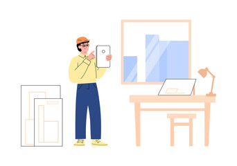 Architect or engineer in helmet develops building construction project, flat vector illustration.
