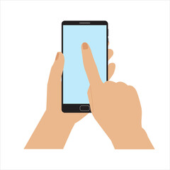 Hands holding smartphone, flat style, catroon.Mobile device with blank screen.Flat style,minimalist design.Space for your picture or text.Template, mock-up.Isolated.Vector illustration