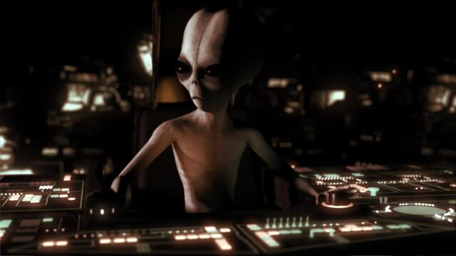 3D CGI VFX animation of a classic Roswell style grey alien sitting at the controls of his UFO spaceship, interior of his craft full of hi tech equipment and flashing lights, in monochrome color scheme