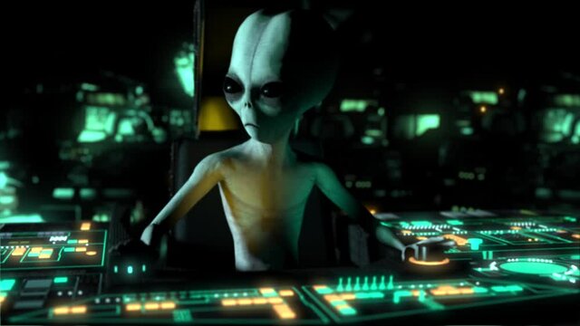 3D CGI VFX animation of a classic Roswell style grey alien sitting at the controls of his UFO spaceship, the interior of his craft full of hi tech equipment and flashing lights