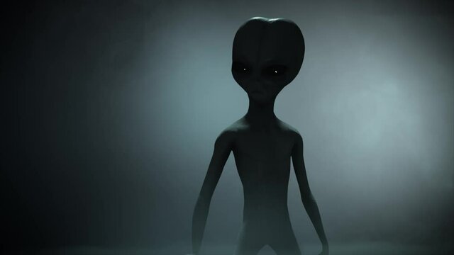 3D CGI VFX animation of classic Roswell grey alien on a featureless misty background, as he brandishes a hi tech laser pistol with eerie blue lights, and fires a laser bolt, in dark teal color scheme