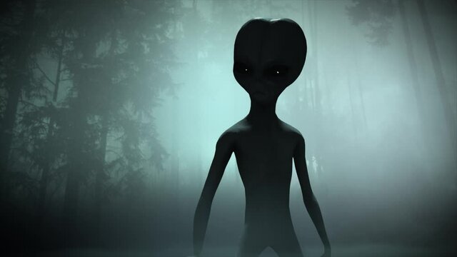 3D CGI VFX animation of a classic Roswell grey alien in a misty forest scene, as he brandishes a hi tech laser pistol with eerie blue lights, and fires a blue laser bolt, in teal color scheme