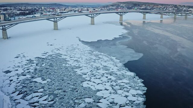 Dramatic view over Sundsvall bay - Winter 4k.