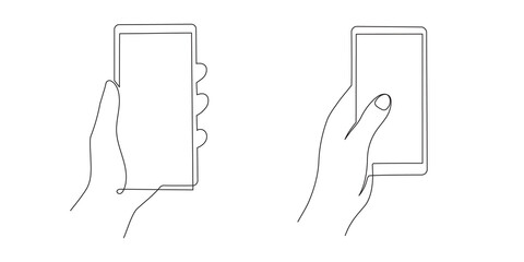 Hands holding smartphone one line art, continuous contour. Mobile device with blank screen.Doodle, sketch style, minimalist design. Editable stroke. Isolated. Vector illustration