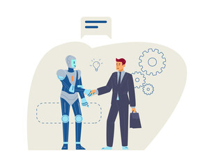 Robot and business man with suitcase shake hands with each other, flat vector illustration isolated on white background.