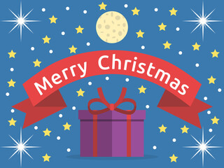 Merry Christmas text, greeting card. Gift box, stars and moon in dark night sky. Congratulation and celebration concept. Flat design. Vector illustration. EPS 8, no gradients, no transparency