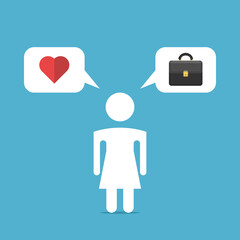 Woman thinking and choosing between heart and briefcase. Work, family balance, career, life, health, love and success choice. Flat design. Vector illustration. EPS 8, no gradients, no transparency