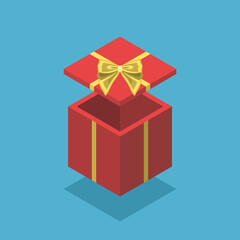 Red isometric gift box open, with ribbon and bow. Holiday, New Year, Christmas, birthday and surprise concept. Flat design. Vector illustration. EPS 8, no gradients, no transparency