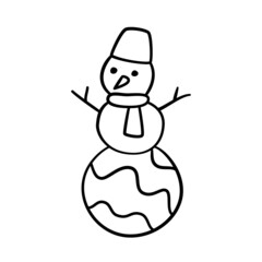 Cute winter snowman in doodle style. Hand drawn snowman with scarf. Children drawing. Vector illustration isolated on white background.