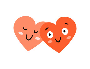 Cute couple of hearts kawaii characters. Hand drawn pair of hearts. Symbol of love. Vector illustration isolated on white background.