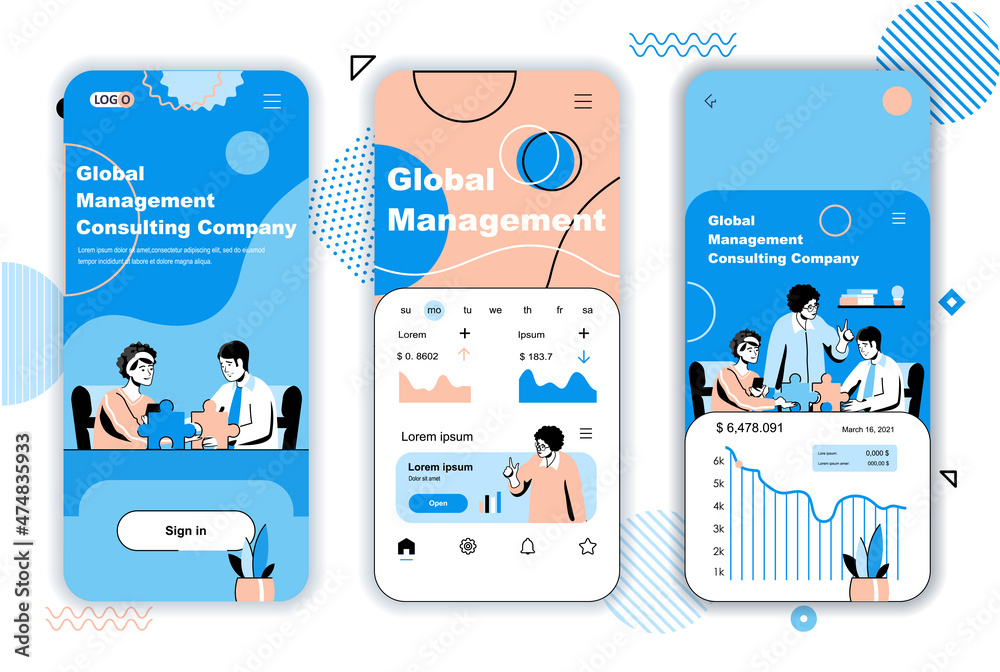 Leinwandbilder Global management concept onboarding screens for mobile app templates. Business teamwork, development, analytics. UI, UX, GUI user interface kit with people scenes for web design. Vector illustration