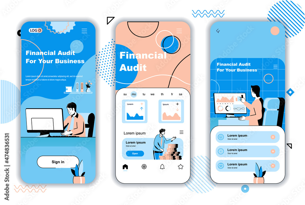 Poster Financial audit concept onboarding screens for mobile app templates. Accounting and calculating budget statistics. UI, UX, GUI user interface kit with people scenes for web design. Vector illustration